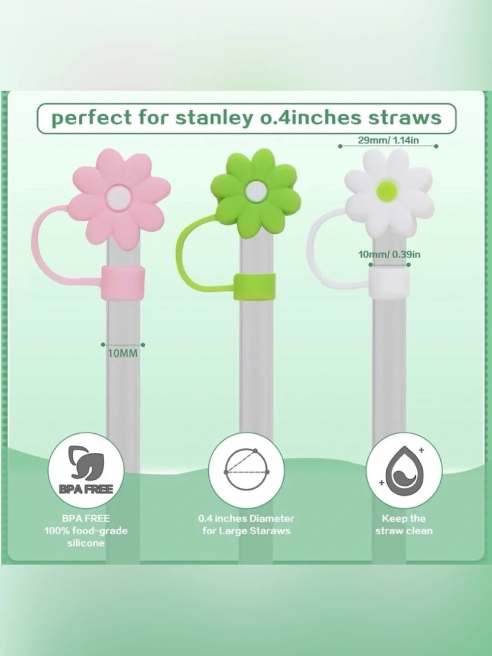 5for$10 Three Diasy Straw Cover Cap for Stanley Cup, Silicone Straw Topper 10m